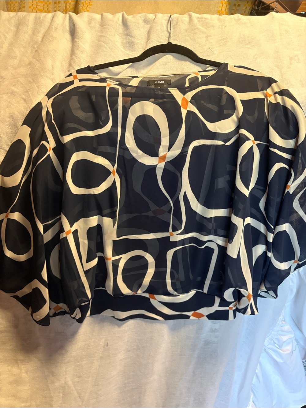 Alfani Navy and White Abstract Sheer Blouse with Orange Accents